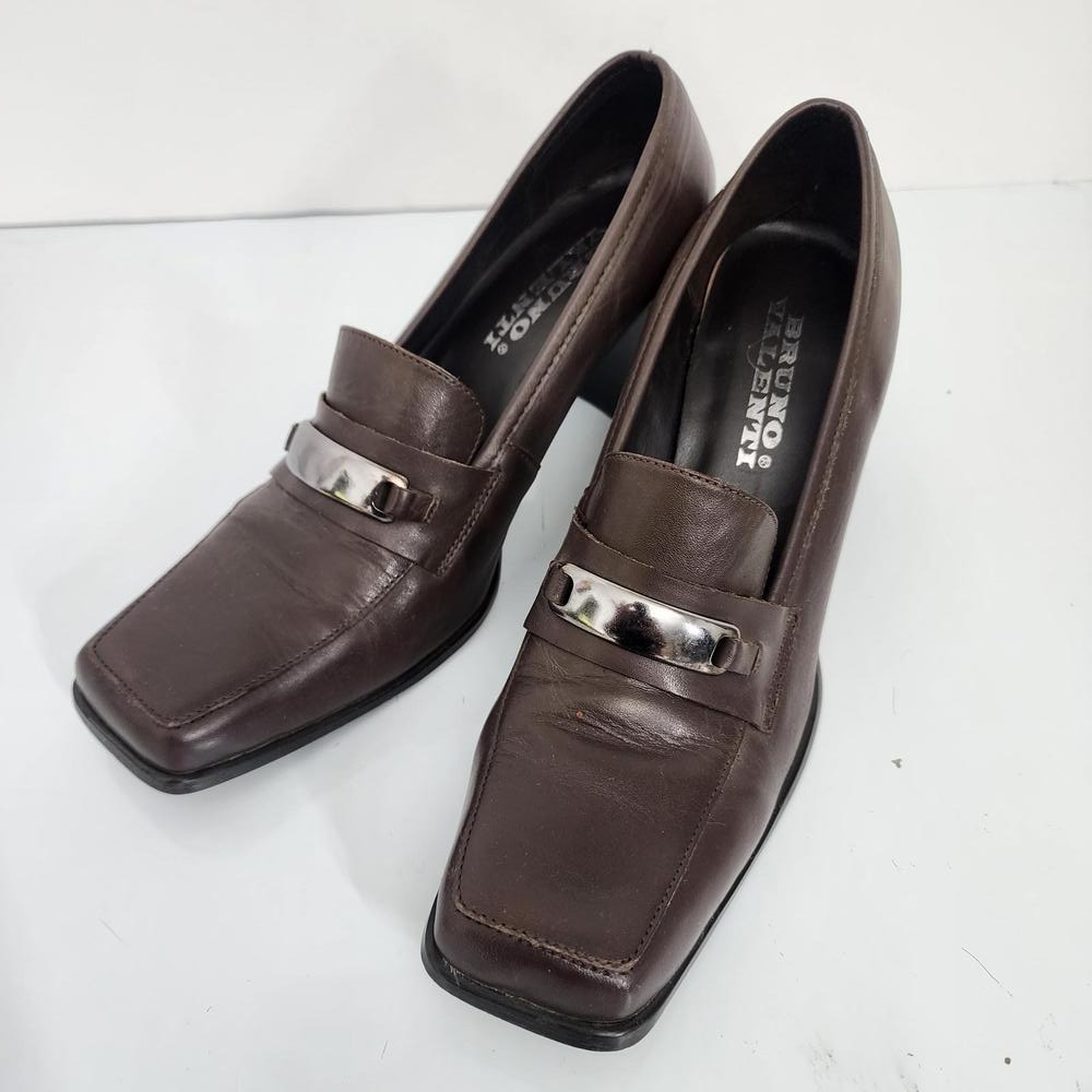 Bruno Valenti Nolan Square Toe Block Heel Loafer Pumps Dark Brown Leather 10M